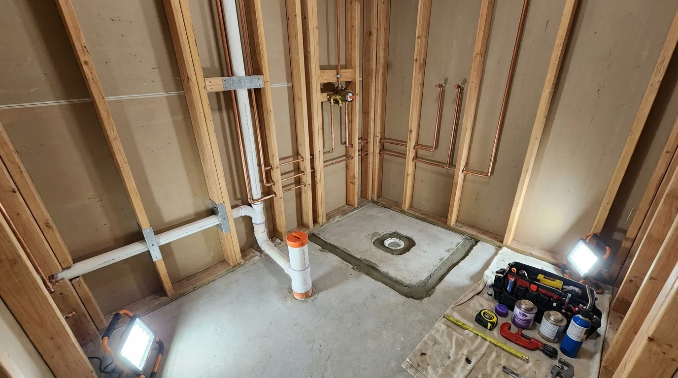 Bathroom rough-in plumbing during remodel by Johns Plumbing LLC in Spring Park