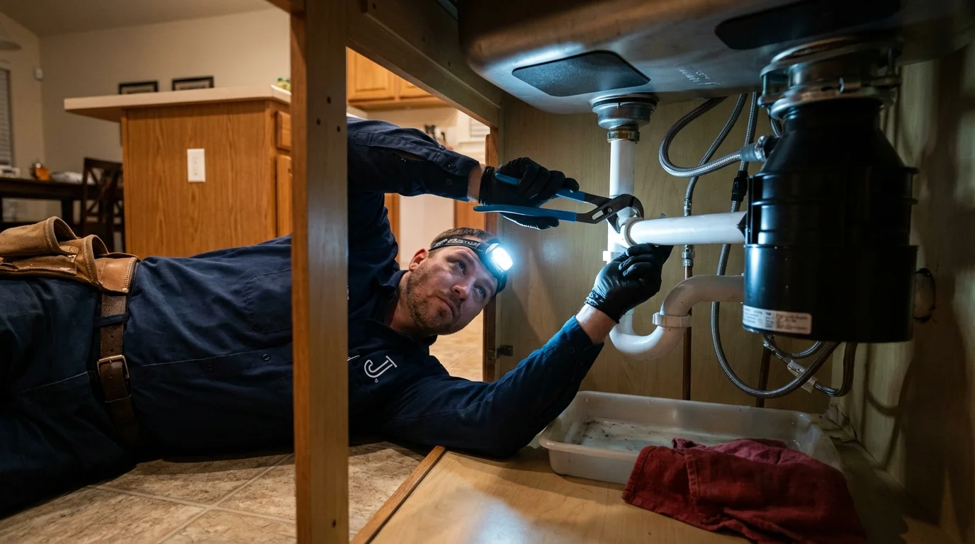 P-trap and supply line connections under a kitchen sink showing a common leak point in Spring Park, MN